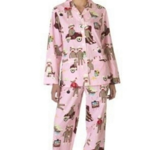 Nick & Nora Pink Sock Monkey Print 2 Piece Pajama Set Size XL Loungewear Casual - Picture 12 of 12